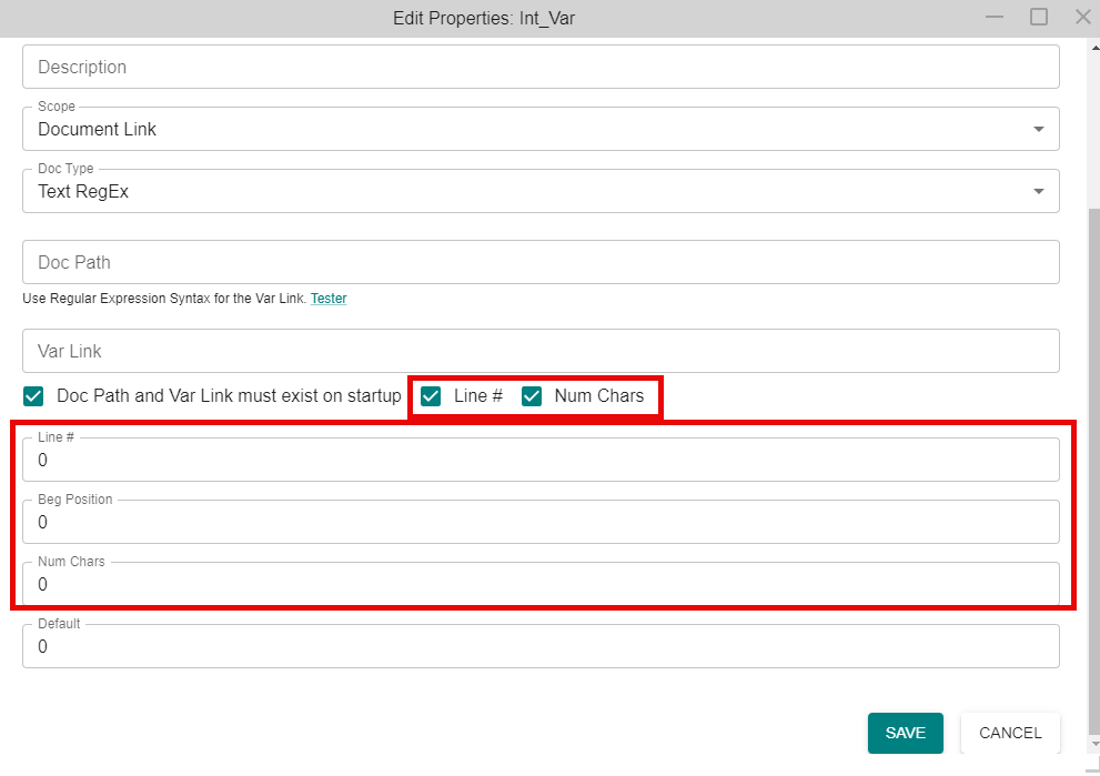 Regular Expression Document Link Variable Editor Window